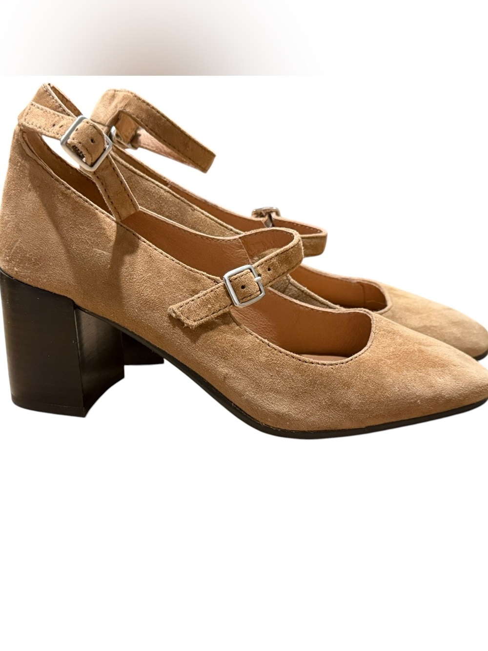 Madewell The Annalise Ankle-Strap Pump Suede Tan Brown Block Heel Preppy Boho